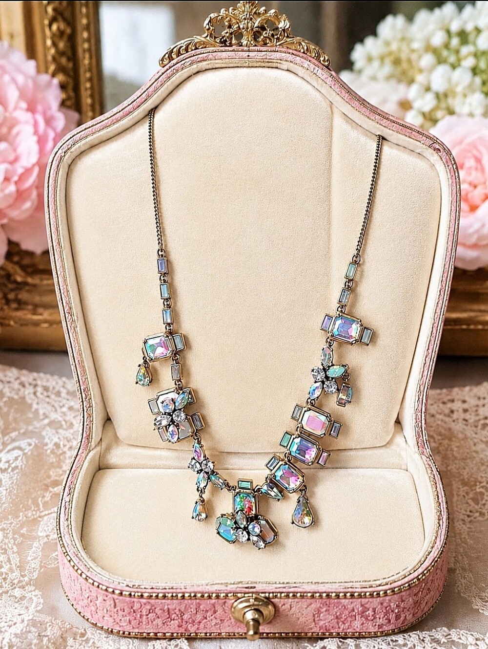 J. Crew Clear Aurora Borealis Opaline Mermaid Asymmetrical Statement Necklace